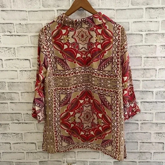 Women’s Talbots silk/linen medallion graphic popover tunic blouse 8P - Picture 2 of 5